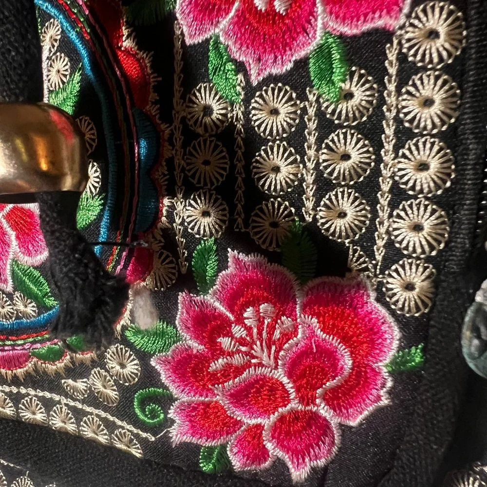 Floral Embroidered Backpack - Black and Red